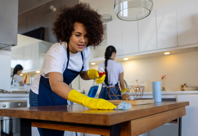 Woman wearing apron and yellow gloves cleans kitchen table with spray bottle, while two others work in modern, well-lit background.